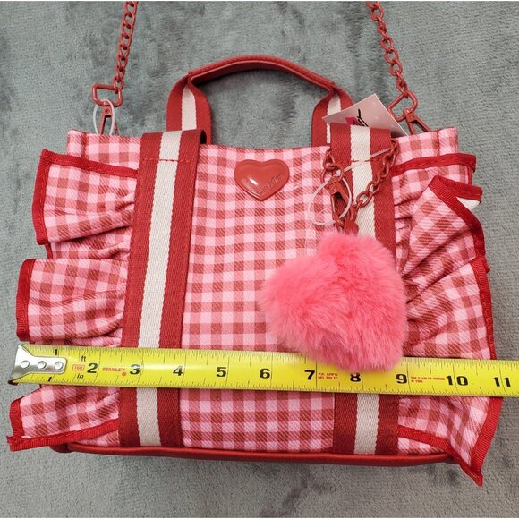 Betsey Johnson Heart LB Ruffle Pink Red Gingham Handbag Crossbody Tote Cottage - Picture 7 of 16